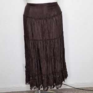 Baggage Brown Fairy Bohemian Tiered Boho Hippie Sequin Hem Maxi Skirt Size M